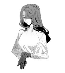 Rule 34 | 1girl, breasts, commentary request, expressionless, girls&#039; frontline, gloves, greyscale, hair over one eye, highres, long hair, long sleeves, looking at viewer, medium breasts, monochrome, morisenn, putting on gloves, romy riefenstahl, shirt, solo, upper body