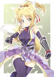 Rule 34 | 10s, 1girl, animal ears, armor, black thighhighs, blonde hair, blush, breasts, dog days, elbow gloves, fingerless gloves, fox ears, fox tail, gloves, green eyes, highres, japanese clothes, jewelry, katana, kazuma (kazumav), large breasts, necklace, ponytail, smile, solo, sword, tail, thighhighs, weapon, yukikaze panettone