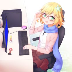 Rule 34 | &gt;:o, 10s, 3girls, :3, :o, adjusting eyewear, ahoge, bat hair ornament, blonde hair, blue screen of death, cardigan, casual, chair, commentary request, computer, desk, unworn eyewear, faubynet, figure, flower, gabriel dropout, gabriel tenma white, glasses, green eyes, hair flower, hair ornament, hair rings, hand on eyewear, hands up, highres, holding, holding removed eyewear, instrument, keyboard, leggings, long scarf, looking at viewer, monitor, mouse (computer), multiple girls, nendoroid, open mouth, pantyhose, pink cardigan, pleated skirt, red hair, revision, satanichia kurumizawa mcdowell, scarf, school uniform, screen, short hair, sitting, skirt, sleeves past elbows, smile, solo, sparkle, tapris chisaki sugarbell, v-shaped eyebrows, white background