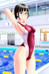 Rule 34 | 1girl, absurdres, armpits, arms behind head, bench, black hair, blunt bangs, brown eyes, commentary request, competition swimsuit, cowboy shot, glasses, highres, indoors, lane line, looking at viewer, multicolored clothes, multicolored swimsuit, one-piece swimsuit, original, pool, red one-piece swimsuit, short hair, solo, standing, swimsuit, takafumi, two-tone swimsuit