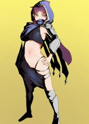 Rule 34 | breasts, brs43, genderswap, hand on own hip, hood, league of legends, muscular, muscular female, navel, short hair, talon (league of legends), yellow background, yellow eyes