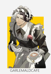 Rule 34 | 1boy, absurdres, apron, black bow, black bowtie, black hair, black shirt, border, bow, bowtie, coffee cup, collared shirt, crossdressing, cup, disposable cup, dress, drink, emet-selch, final fantasy, final fantasy xiv, forehead, forehead jewel, frilled apron, frills, gloves, highres, holding, holding plate, juliet sleeves, latte art, layered clothes, long sleeves, looking at viewer, maid, maid headdress, male focus, male maid, multicolored hair, og-pogg, open hand, orange eyes, outside border, parted bangs, pinafore dress, plate, puffy sleeves, saucer, shirt, short hair, sidelocks, simple background, sleeveless, sleeveless dress, solo, spoon, two-tone hair, white apron, white border, white gloves, white hair, white shirt, yellow background