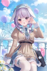Rule 34 | 1girl, absurdres, animal ears, bag, balloon, beret, blue sky, blush, braid, cloud, dress, flower, frilled dress, frills, hair ornament, hat, highres, jacket, jimmy madomagi, long sleeves, looking at viewer, multicolored hair, necktie, official alternate costume, official art, open mouth, outdoors, pleated dress, puffy long sleeves, puffy sleeves, purple eyes, purple hair, ribbon, sidelocks, sitting, sky, sleeves past wrists, solo, streaked hair, thighhighs, tosaki mimi, tosaki mimi (5th costume), twin braids, two-tone hair, virtual youtuber, vspo!, zettai ryouiki