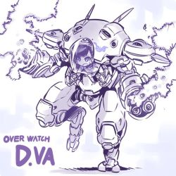 Rule 34 | 1girl, d.va (overwatch), facial mark, female focus, firing, gradient background, image sample, ishiyumi, limited palette, mecha, meka (overwatch), monochrome, open mouth, overwatch, overwatch 1, resolution mismatch, robot, solo, source larger, whisker markings, white background