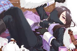Rule 34 | 1girl, black gloves, black hair, boots, brown hair, chiba sadoru, commentary request, crossed legs, cup, ear piercing, gloves, hair over one eye, highres, knee boots, lap pillow, long hair, long sleeves, looking at viewer, lying, mug, ohsama sentai king-ohger, on back, piercing, purple eyes, rita kanisuka, solo, stuffed toy, super sentai, weapon