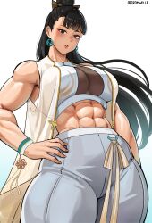Rule 34 | 1girl, abs, asian, bare shoulders, black eyes, black hair, blush, breasts, capcom, chun-li, cleavage cutout, clothing cutout, cowboy shot, cromwellb, crop top, earrings, eyelashes, eyeshadow, grey pants, hand on own hip, high ponytail, jewelry, large breasts, lips, long hair, looking at viewer, looking down, makeup, midriff, muscular, muscular female, navel, pants, parted lips, ponytail, shirt, simple background, sleeveless, solo, standing, street fighter, street fighter 6, thick thighs, thighs, toned, toned female, twitter username, white background, white shirt