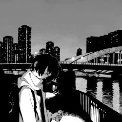 Rule 34 | 1girl, backpack, bag, bridge, building, coat, commentary, greyscale, hair over one eye, head tilt, highres, looking at viewer, monochrome, muji (uimss), night, one eye covered, original, river, scarf, short hair, skyscraper, solo, upper body, water