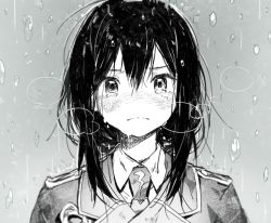Rule 34 | 10s, 1boy, blush, buttons, double-breasted, frown, full-face blush, hair between eyes, long hair, looking at viewer, male focus, messy hair, military, military uniform, monochrome, namazuo toushirou, namie-kun, necktie, no nose, rain, solo, tears, touken ranbu, uniform, upper body