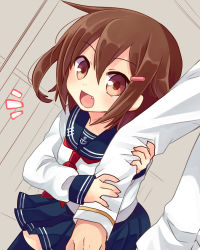 Rule 34 | 10s, 1girl, admiral (kancolle), arm hug, brown eyes, brown hair, fang, hair ornament, hairclip, ikazuchi (kancolle), kantai collection, looking at viewer, nagasioo, open mouth, short hair, solo focus, thighhighs