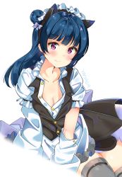 Rule 34 | 1girl, absurdres, animal ears, apron, artist name, black vest, blue hair, blush, bow, breasts, cat ears, cleavage, collarbone, commentary request, detached sleeves, fake animal ears, frilled shirt collar, frilled sleeves, frills, hair bow, hair bun, highres, long hair, looking at viewer, love live!, love live! sunshine!!, maid, maid apron, maid headdress, medium breasts, purple bow, purple eyes, side bun, simple background, single side bun, solo, tears, thighhighs, tsushima yoshiko, vest, wavy mouth, white background, yamada 328
