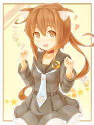 Rule 34 | 10s, 1girl, :d, absurdres, animal ears, belt, between breasts, black shirt, black skirt, blue necktie, blush, breasts, brown background, brown eyes, brown hair, cat ears, cat tail, collar, collarbone, fang, fumizuki (kancolle), hair between eyes, head tilt, heart, high ponytail, highres, kantai collection, kemonomimi mode, long hair, looking at viewer, necktie, necktie between breasts, open mouth, outline, outside border, paw print, sailor collar, school uniform, serafuku, shirt, skirt, small breasts, smile, solo, star (symbol), suzushiro (gripen39), tail, translation request, very long hair