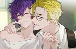 Rule 34 | 2boys, alternate hairstyle, blonde hair, blurry, blurry background, blush, closed mouth, collarbone, collared shirt, commentary request, cuffs, eyelashes, forehead, glasses, grin, hair between eyes, handcuffs, hands up, highres, indoors, keita kg85, looking at another, looking at viewer, male focus, mole, mole on neck, multiple boys, nijisanji, nijisanji en, off shoulder, one eye closed, parted bangs, purple eyes, shirt, short hair, sideways glance, single bare shoulder, smile, sonny brisko, teeth, uki violeta, upper body, virtual youtuber, white shirt, window, wing collar, yaoi, yellow-framed eyewear