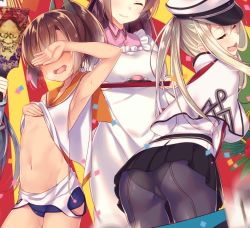 Rule 34 | 3girls, apron, armpits, ass, black legwear, blonde hair, brown hair, covering privates, covering breasts, covering own eyes, graf zeppelin (kancolle), hat, i-401 (kancolle), jacket, kantai collection, kappougi, mamiya (kancolle), miniskirt, multiple girls, panties, pantyhose, peaked cap, skirt, tahya, twintails, underwear