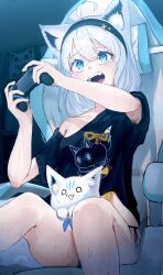 Rule 34 | 1girl, absurdres, ahoge, animal ear fluff, animal ears, artist name, artist request, between thighs, black hairband, black shirt, blue eyes, chair, commentary request, controller, dark, dated, earrings, fox ears, fox girl, game controller, gaming chair, hairband, highres, holding, holding controller, holding game controller, hololive, indoors, jewelry, long hair, mascot, miteiru (shirakami fubuki), nejima kitsune (shirakami fubuki), nervous sweating, official alternate costume, on chair, open mouth, oruyanke (shirakami fubuki), playing games, screen light, shirakami fubuki, shirakami fubuki (loungewear), shirt, side-tie shirt, sidelocks, single bare shoulder, single earring, sitting, solo, sweat, swivel chair, t-shirt, tearing up, teeth, thighs, upper teeth only, virtual youtuber, white hair