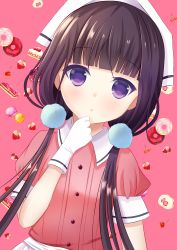 Rule 34 | 1girl, :o, absurdres, amasajithira, black hair, blend s, blunt bangs, blush, buttons, cake, cherry, collared shirt, commentary request, dessert, doughnut, dutch angle, food, fruit, gloves, hand on own chin, hand up, head scarf, highres, long hair, looking at viewer, low twintails, macaron, pink background, pink shirt, pom pom (clothes), purple eyes, sakuranomiya maika, shirt, short sleeves, solo, strawberry, twintails, upper body, white gloves