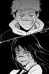 Rule 34 | 1boy, 1girl, artist name, black background, black hair, body switch, chainsaw man, commentary request, evil grin, evil smile, greyscale, grin, highres, jujutsu kaisen, long hair, looking at viewer, madaosw, monochrome, personality switch, ryoumen sukuna (jujutsu kaisen), scar, scar on face, school uniform, short hair, simple background, smile, twitter username, yoru (chainsaw man)