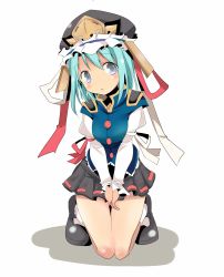 Rule 34 | 1girl, :o, blue eyes, blue hair, female focus, full body, green hair, hat, highres, kneeling, long sleeves, looking at viewer, mary janes, matching hair/eyes, mukuroi, own hands together, shiki eiki, shoes, short hair, simple background, skirt, solo, touhou, v arms