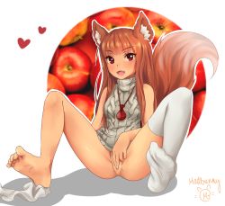 Rule 34 | 1girl, absurdres, animal ears, apple, barefoot, blush, brown hair, fang, fangs, feet, female masturbation, fingering, food, fringe trim, fruit, hair over breasts, has bad revision, highres, holo, jewelry, long hair, looking at viewer, madbunny, masturbation, meme attire, necklace, no panties, no shoes, pussy, red eyes, red hair, single sock, sleeveless, smile, socks, unworn socks, soles, solo, spice and wolf, sweater, tail, thighhighs, toes, tongue, virgin killer sweater, white socks, white thighhighs, wolf ears, wolf tail