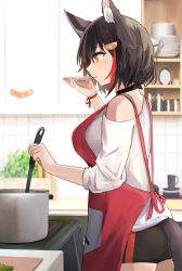 Rule 34 | 1girl, animal ear fluff, animal ears, apron, black choker, black shorts, blush, brown eyes, choker, cooking, from side, hair ornament, highres, holding, hololive, multicolored hair, off shoulder, ookami mio, ookami mio (casual), plate, red apron, shirt, short hair, short shorts, shorts, shuuzo3, smile, solo, streaked hair, tail, tasting, tasting plate, virtual youtuber, white shirt, wolf ears, wolf girl, wolf tail