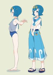 Rule 34 | 1girl, baggy pants, barefoot, blue eyes, blue hair, blue sailor collar, capri pants, creatures (company), from side, full body, game freak, hairband, highres, lana (pokemon), multiple views, nintendo, outstretched arms, pants, pokemon, pokemon sm, sailor collar, sandals, short hair, sleeveless, spread arms, standing, swimsuit, swimsuit under clothes, telephoto, white background