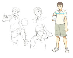 Rule 34 | 1boy, arm at side, ball, brown hair, denchuubou, full body, ikeda ken, looking at viewer, male focus, new horizon, official art, partially colored, shirt, shorts, soccer ball, solo, standing, t-shirt, white background, white shirt