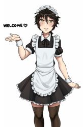Rule 34 | 1girl, :3, alternate costume, apron, black hair, black skirt, black thighhighs, commentary, english text, enmaided, freckles, frilled apron, frills, hair between eyes, hand up, heart, looking at viewer, maid, maid day, maid headdress, mari (twrlare), original, parted lips, puffy short sleeves, puffy sleeves, short hair, short sleeves, simple background, skirt, smile, solo, thighhighs, twrlare, waist apron, white apron, white background, wrist cuffs, yellow eyes