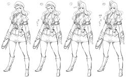 Rule 34 | 1girl, beret, breasts, character sheet, cleavage, collar, concept art, curvy, eliza bartley, female focus, garter belt, gloves, hat, highres, large breasts, long hair, looking at viewer, military, military uniform, monochrome, simple background, sketch, skirt, smile, solo, standing, taimanin (series), taimanin asagi, taimanin asagi kessen arena, thighhighs, uniform, whip, white background, zol