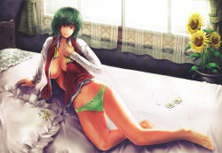 Rule 34 | 1girl, bad anatomy, bad proportions, bed, bottomless, breasts, cleavage, female focus, flower, green eyes, green hair, green panties, kazami yuuka, large breasts, matching hair/eyes, mocchisake, no pants, open clothes, open shirt, panties, pillow, poorly drawn, room, shirt, short hair, solo, sunflower, touhou, underwear