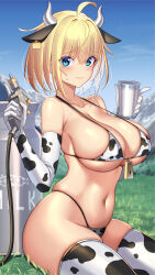 Rule 34 | 1girl, ahoge, animal ears, animal print, blonde hair, blue eyes, blue sky, breasts, cow ears, cow horns, cow print, cow print bikini, cup, day, ear tag, elbow gloves, gloves, grass, highres, holding, holding cup, horns, large breasts, milk, navel, original, outdoors, print bikini, short hair, sitting, skindentation, sky, solo, sophia f shirring, stomach, strap gap, swimsuit, takamine nadare, thighhighs