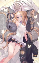 Rule 34 | 1girl, abigail williams (fate), abigail williams (swimsuit foreigner) (fate), abigail williams (swimsuit foreigner) (second ascension) (fate), bare shoulders, black bow, black jacket, blonde hair, blue eyes, blush, bow, braid, braided bun, breasts, cat, double bun, dress swimsuit, fate/grand order, fate (series), forehead, hair bun, hat, highres, jacket, keyhole, long hair, looking at viewer, mitre, multiple bows, one-piece swimsuit, orange bow, parted bangs, sidelocks, small breasts, smile, suzuho hotaru, swimsuit, thighs, twintails, very long hair, white hat, white one-piece swimsuit