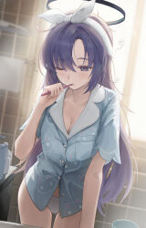 1girl absurdres backlighting black_halo blue_archive blue_eyes blue_hair blue_pajamas blue_shirt blush bow breasts cleavage commentary_request dixo_(user_srff3835) hairband halo highres holding holding_toothbrush indoors long_hair no_pants official_alternate_costume official_alternate_hairstyle pajamas panties print_pajamas print_shirt shirt short_sleeves solo toothbrush toothbrush_in_mouth underwear white_bow white_hairband white_panties yuuka_(blue_archive) yuuka_(pajamas)_(blue_archive)