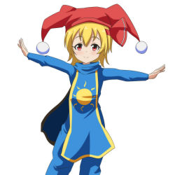 Rule 34 | 1girl, :&gt;, blonde hair, bow, cato (monocatienus), charlotte (seiken densetsu 3), charlotte (seiken densetsu 3) (cosplay), cosplay, hair bow, hair ribbon, hat, jester cap, outstretched arms, pom pom (clothes), red eyes, ribbon, rumia, seiken densetsu, seiken densetsu 3, solo, spread arms, tabard, touhou