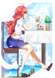Rule 34 | 1girl, absurdres, ahoge, angel wings, blue skirt, braid, cat, commentary, drinking straw, from side, halo, highres, holding, long hair, midriff, mini wings, orange eyes, original, outdoors, red footwear, red hair, renroujiang, shirt, shoes, short sleeves, short wings, sitting, skirt, solo, white shirt, wings