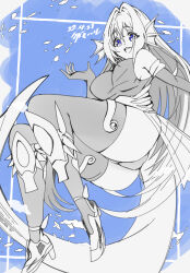Rule 34 | 1girl, blue background, blue eyes, boots, breasts, commentary, detached sleeves, fins, from below, greyscale with colored background, hair intakes, head fins, high heels, highres, large breasts, leotard, long hair, looking at viewer, monster girl, open hand, open mouth, sideboob, solo, tagami haru, tail, teeth, thighhighs, upper teeth only