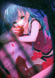 Rule 34 | 1girl, apple, aqua eyes, aqua hair, aqua nails, bare arms, bare shoulders, blurry, blurry foreground, camisole, curtains, depth of field, dutch angle, eyelashes, film grain, floral print, flower, food, fruit, hair down, hair over shoulder, hatsune miku, high heels, highres, holding, holding food, holding fruit, imminent bite, lace-trimmed camisole, lace trim, light particles, long hair, looking at viewer, midriff, nail polish, open mouth, petals, pink camisole, polka dot camisole, pumps, red apple, red flower, red footwear, red rose, romeo to cinderella (vocaloid), rose, shoes, unworn shoes, sitting, solo, stiletto heels, suzuri suzuna, vocaloid, window