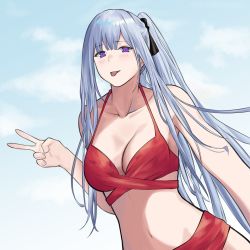 Rule 34 | 1girl, ak-12 (girls&#039; frontline), bikini, blush, breasts, cleavage, collarbone, defy (girls&#039; frontline), girls&#039; frontline, hairband, highres, long hair, looking at viewer, purple eyes, red bikini, silver hair, simple background, solo, swimsuit, talnory, tongue, tongue out, v, white background