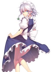 Rule 34 | 1girl, bare legs, blue dress, blue eyes, bow, braid, commentary request, dress, feet out of frame, from behind, green bow, hair between eyes, hair bow, izayoi sakuya, kaiza (rider000), looking at viewer, looking back, maid, maid headdress, petticoat, puffy short sleeves, puffy sleeves, shirt, short hair, short sleeves, silver hair, simple background, skirt hold, solo, standing, thighs, touhou, twin braids, white background, white bow, white shirt