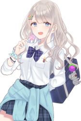 Rule 34 | 1girl, :d, aqua eyes, arm behind back, bag, blunt bangs, bow, bowtie, bracelet, candy, clothes around waist, cowboy shot, dutch angle, earrings, food, grey hair, gyaru, hair ornament, hairpin, highres, holding, holding candy, holding food, idolmaster, idolmaster shiny colors, jacket, jacket around waist, jewelry, kogal, lollipop, long hair, looking at viewer, loose bowtie, mhn, nail polish, open mouth, plaid, plaid skirt, pleated skirt, school bag, scrunchie, serizawa asahi, shirt, simple background, skirt, skirt rolled up, smile, solo, wavy hair, white background, white shirt, wrist scrunchie