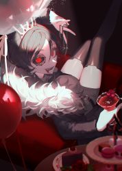 Rule 34 | 1girl, absurdres, balloon, black clover, black hair, black sclera, black thighhighs, blood, blood from mouth, cake, cake slice, coat, colored sclera, cup, dessert, drink, facial mark, food, frit 2, fur-trimmed coat, fur trim, highres, holding, holding cup, holding drink, looking at viewer, red eyes, short hair, solo, thighhighs, tiara, tongue, tongue out, v, vanica zogratis