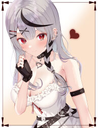 Rule 34 | 1girl, arm garter, bare shoulders, belt, black hair, border, braid, breasts, camisole, cleavage, commentary, earrings, fingerless gloves, gloves, gradient background, grey hair, hair ornament, hairclip, heart, heart hair ornament, highres, hololive, holox, jewelry, large breasts, leaning forward, looking at viewer, medium hair, multicolored hair, nail polish, paw pose, rabi (labiiiiiiii1213), red eyes, red nails, red ribbon, ribbon, sakamata chloe, simple background, single braid, smile, solo, spiked belt, streaked hair, translated, virtual youtuber, white camisole