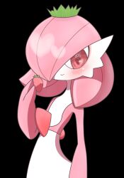 Rule 34 | 1girl, alternate color, alternate shiny pokemon, arm at side, black background, blush, bob cut, closed mouth, colored skin, creatures (company), female focus, flat chest, food, fruit, game freak, gardevoir, gen 3 pokemon, hair over one eye, hand up, happy, heart, heart-shaped pupils, highres, holding, holding food, holding fruit, multicolored skin, nintendo, object on head, one eye covered, pink eyes, pink hair, pink skin, pokemon, pokemon (creature), short hair, simple background, smile, solo, standing, strawberry, symbol-shaped pupils, two-tone skin, upper body, white skin, yuri (fl0werspace)