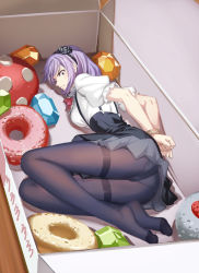 Rule 34 | 10s, 1girl, angry, arms behind back, ascot, ass, bdsm, black dress, black flower, black pantyhose, black rose, black skirt, blush, bondage, bound, bound wrists, box, breasts, cake, clenched hands, closed mouth, clothes lift, crystal, dagashi kashi, doughnut, dress, flower, food, frilled sleeves, frills, frown, full body, gem, hair flower, hair ornament, hair ribbon, hairband, high-waist skirt, in container, looking at viewer, lying, medium breasts, mini person, minigirl, no shoes, on side, oversized object, panties, panties under pantyhose, pantyhose, pantyshot, pastry box, puffy short sleeves, puffy sleeves, purple eyes, purple hair, restrained, ribbon, rope, rose, shidare hotaru, shirt, short hair, short sleeves, skirt, skirt lift, solo, streamingsun, suspender skirt, suspenders, sweets, tears, thighband pantyhose, underwear, upskirt, white shirt