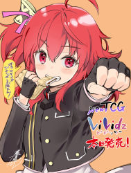 Rule 34 | 1girl, ahoge, black gloves, black jacket, blush, brown background, character request, commentary request, fingerless gloves, food, food in mouth, fujima takuya, gloves, hair between eyes, hand up, highres, holding, holding food, jacket, long hair, long sleeves, looking at viewer, mouth hold, one side up, red eyes, red hair, simple background, solo, translation request, upper body, vividz