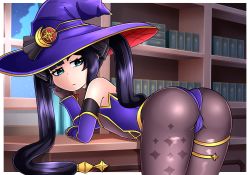 Rule 34 | 1girl, annoyed, artist request, ass, bare shoulders, bent over, cameltoe, detached sleeves, from behind, genshin impact, gloves, green eyes, hair ornament, hat, highres, leaning, leaning forward, leaning on table, leotard, long hair, looking at viewer, mona (genshin impact), pantyhose, purple hair, shiny clothes, shiny skin, solo, thighlet, twintails, very long hair