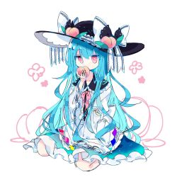 Rule 34 | 1girl, apron, black hat, blue hair, blue skirt, bow, commentary, eating, flower, food, frilled shirt collar, frilled sleeves, frills, fruit, full body, hat, hat bow, hat leaf, highres, hinanawi tenshi, holding, holding food, holding fruit, jitome, lace-trimmed bow, lace trim, long hair, long sleeves, one-hour drawing challenge, peach, pink eyes, rainbow order, roamu 65, shirt, sidelocks, sitting, skirt, solo, symbol-only commentary, touhou, very long hair, white apron, white bow, white shirt, wide sleeves