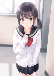 Rule 34 | 1girl, black sailor collar, black skirt, bow, branch, brown eyes, brown hair, cardigan, closed mouth, collarbone, commentary request, day, hand up, indoors, long hair, long sleeves, looking at viewer, low ponytail, original, pleated skirt, red bow, sailor collar, school uniform, serafuku, side ponytail, sidelocks, skirt, sleeves past wrists, solo, standing, sunlight, white cardigan, window, yukimaru217