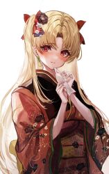 Rule 34 | 1girl, alternate costume, black flower, blush, chiachun0621, closed mouth, commentary request, earrings, ereshkigal (fate), fate/grand order, fate (series), flower, hair flower, hair ornament, hair ribbon, highres, holding, holding paper, japanese clothes, jewelry, kimono, long hair, looking at viewer, obi, paper, parted bangs, red eyes, red kimono, red ribbon, ribbon, sash, simple background, smile, solo, two side up, very long hair, white background, wide sleeves, yukata