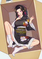 Rule 34 | 1girl, absurdres, black hair, black kimono, blue nails, blush, box, breasts, cardboard box, chinese commentary, commentary request, finger to mouth, fingernails, floral print, genderswap, genderswap (mtf), hair ornament, highres, in box, in container, japanese clothes, kibutsuji muzan, kimetsu no yaiba, kimono, large breasts, long fingernails, looking at viewer, lying, nail polish, on back, purple eyes, short kimono, signature, solo, tabi, tassel, white legwear, xiaoxi0619