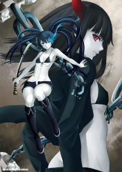 Rule 34 | 10s, 2girls, black gold saw, black hair, black rock shooter, black rock shooter (character), blue eyes, blue hair, boots, butt crack, chain, coat, glowing, glowing eyes, horns, katana, legs, long hair, md5 mismatch, multiple girls, oni-noboru, pale skin, red eyes, resized, resolution mismatch, scar, source larger, sword, twintails, uneven twintails, unzipped, weapon