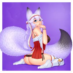 Rule 34 | 1girl, absurdres, animal ear fluff, animal ears, artist name, ass, bare shoulders, blue eyes, blush, borrowed character, breasts, commentary, fox ears, fox girl, fox tail, hair between eyes, hairband, heart, heart-shaped pupils, highres, large breasts, large tail, light purple hair, long hair, looking at viewer, looking back, meyeri (barbariank), off shoulder, original, parted lips, purple background, simple background, sitting, solo, symbol-shaped pupils, tail, thighhighs, toes, wariza, white thighhighs, wide sleeves, wlper, wristband